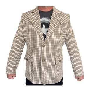 Vintage XL men’s polyester blend sports coat. Box pattern in tan, cream & black